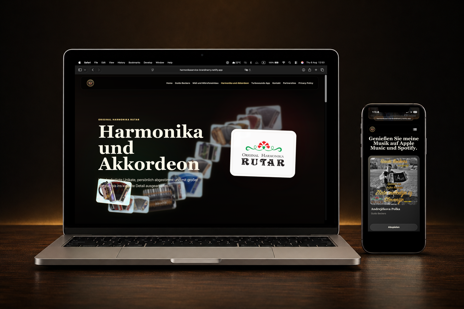 Responsief webdesign voor Harmonikaservice op MacBook en iPhone